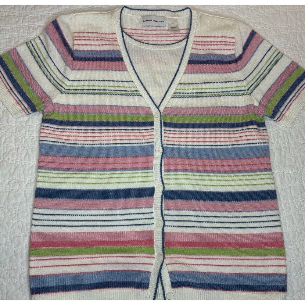 Short Sleeve Pastel Stripe Top Sz Small V-neck Grandmacore Mock Twin set Pastel